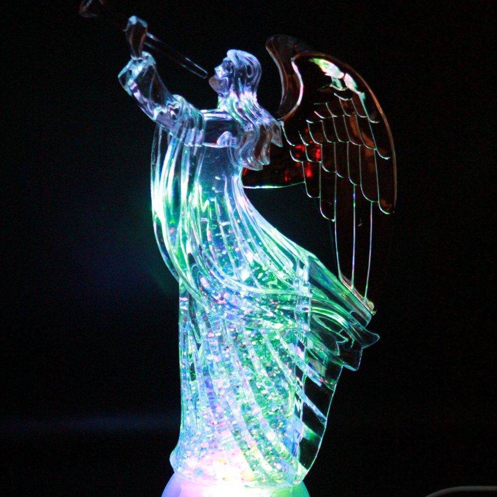 Angels Wings Trumpet Led Light Up Figurine Swirling Glitter Sparkling Snow Globe